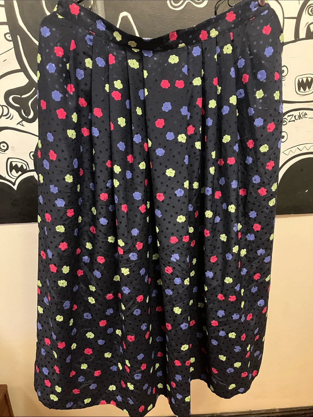 Kasper Navy A-Line Midi Skirt with Pink, Purple & Lime Floral Dot Print